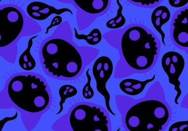 Cadılar Bayramı kedisi ve balkabağı derisi dikişsiz hayaletler ve kafatasları ve kağıt ve kumaşlar için zehir deseni ve çocuk giysileri baskısı ve sonbahar ambalajı ve moda tekstili. Yüksek kaliteli illüstrasyon