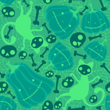 Çizgi filmlerde cadılar bayramı kedileri, balkabakları, kafatasları ve kemik desenleri ambalaj kağıtları, kumaşlar, çarşaflar, çocukların baskısı, sonbahar ve festival için. Yüksek kaliteli illüstrasyon