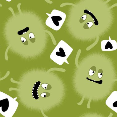 Çizgi film canavarları kağıt, kumaş, çarşaf, çocuk giysisi baskısı, şenlikli aksesuarlar ve anaokulu tekstil ürünleri için kusursuz tüysüz uzaylı desenleri. Yüksek kalite fotoğraf