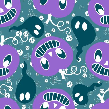 Çizgi film retro sebze hasadı dikişsiz Cadılar Bayramı balkabağı deseni kağıt, kumaş, çarşaf, çocuk baskısı, şenlikli ambalaj ve sonbahar aksesuarları. Yüksek kaliteli illüstrasyon