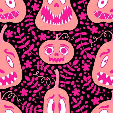 Çizgi film retro sebze hasadı dikişsiz Cadılar Bayramı balkabağı deseni kağıt, kumaş, çarşaf, çocuk baskısı, şenlikli ambalaj ve sonbahar aksesuarları. Yüksek kaliteli illüstrasyon