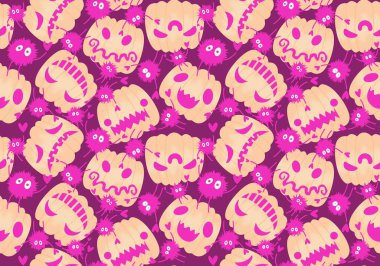 Çizgi film retro sebze hasadı dikişsiz Cadılar Bayramı balkabağı deseni kağıt, kumaş, çarşaf, çocuk baskısı, şenlikli ambalaj ve sonbahar aksesuarları. Yüksek kaliteli illüstrasyon