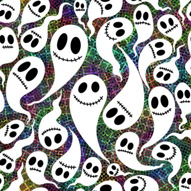 Cadılar Bayramı hayaletleri kağıt, kumaş, çarşaf ve çocuk giysileri baskısı, ambalaj ve şenlikli aksesuarlar için kusursuz çizgi film desenleri. Yüksek kaliteli illüstrasyon