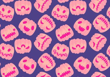 Çizgi film retro sebze hasadı dikişsiz Cadılar Bayramı balkabağı deseni kağıt, kumaş, çarşaf, çocuk baskısı, şenlikli ambalaj ve sonbahar aksesuarları. Yüksek kaliteli illüstrasyon