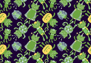 Cadılar Bayramı kedisi ve balkabağı derisi dikişsiz hayaletler ve kafatasları ve kağıt ve kumaşlar için zehir deseni ve çocuk giysileri baskısı ve sonbahar ambalajı ve moda tekstili. Yüksek kaliteli illüstrasyon