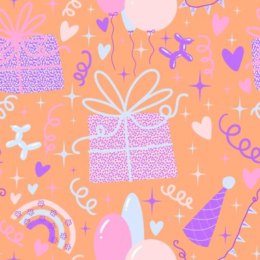 Karikatür retro kusursuz doğum günü şablonu kağıt, çarşaf, kumaş, çocuk giysisi baskısı, şenlikli ambalaj ve aksesuarlar için. Yüksek kaliteli illüstrasyon