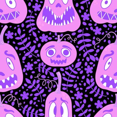 Çizgi film retro sebze hasadı dikişsiz Cadılar Bayramı balkabağı deseni kağıt, kumaş, çarşaf, çocuk baskısı, şenlikli ambalaj ve sonbahar aksesuarları. Yüksek kaliteli illüstrasyon