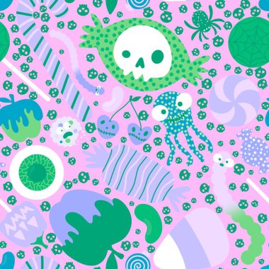 Çizgi film cadılar bayramı şekerleri dikişsiz lolipop, vişne şekeri, kurtçuklar, kafatası desenleri ve çocuk giysileri baskısı, sonbahar aksesuarları ve şenlik ambalajı. Yüksek kaliteli illüstrasyon