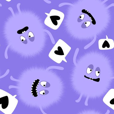 Çizgi film canavarları kağıt, kumaş, çarşaf, çocuk giysisi baskısı, şenlikli aksesuarlar ve anaokulu tekstil ürünleri için kusursuz tüysüz uzaylı desenleri. Yüksek kalite fotoğraf