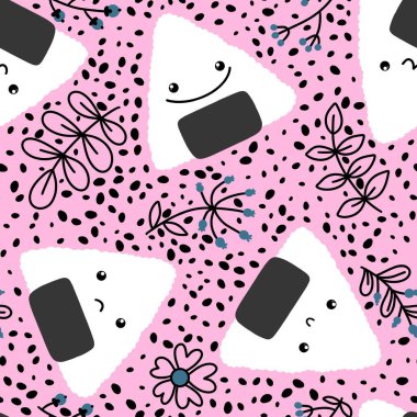 Çizgi film yiyecekleri, ambalajsız kawaii onigiri desenli kumaşlar, kumaşlar, ketenler, çocuk giysileri baskısı, festival ambalajları ve restoran aksesuarları. Yüksek kaliteli illüstrasyon