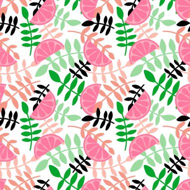 Kağıt, kumaş, çarşaf, çocuk giysisi baskısı, moda tekstil ürünleri ve şenlik aksesuarları için yaz meyvesiz yapraklar ve limon deseni. Yüksek kaliteli illüstrasyon