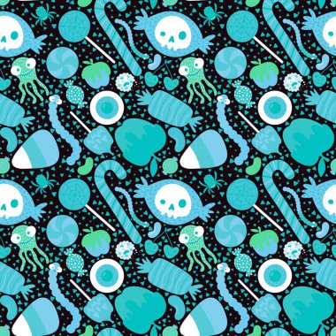 Çizgi film cadılar bayramı şekerleri dikişsiz lolipop, vişne şekeri, kurtçuklar, kafatası desenleri ve çocuk giysileri baskısı, sonbahar aksesuarları ve şenlik ambalajı. Yüksek kaliteli illüstrasyon