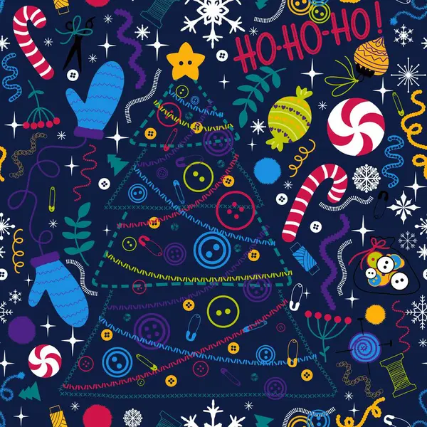 Noel ağacı çizgi filmi dikişsiz düğmeler ve eldivenler ve şeker ve kar taneleri deseni kanalizasyon kağıdı, kumaş, çarşaf ve giysi baskısı ve yeni yıl ambalajı için. Yüksek kaliteli illüstrasyon