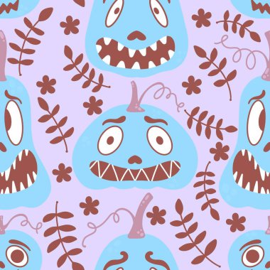 Çizgi film retro sebze hasadı dikişsiz Cadılar Bayramı balkabağı deseni kağıt, kumaş, çarşaf, çocuk baskısı, şenlikli ambalaj ve sonbahar aksesuarları. Yüksek kaliteli illüstrasyon