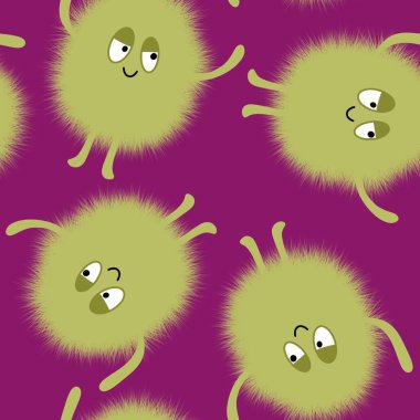 Çizgi film canavarları kağıt, kumaş, çarşaf, çocuk giysisi baskısı, şenlikli aksesuarlar ve anaokulu tekstil ürünleri için kusursuz tüysüz uzaylı desenleri. Yüksek kalite fotoğraf