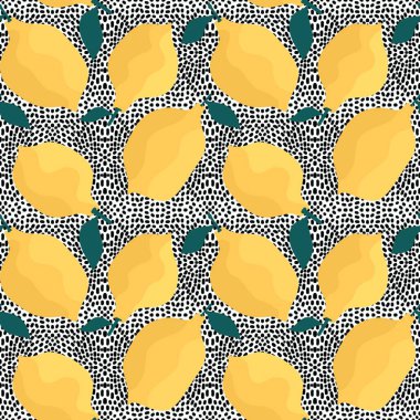Kağıt, kumaş, çarşaf, çocuk giysisi baskısı, moda tekstil ürünleri ve şenlik aksesuarları için yaz meyvesiz yapraklar ve limon deseni. Yüksek kaliteli illüstrasyon