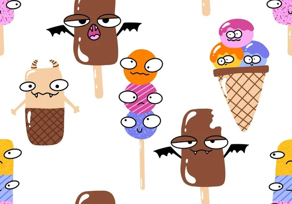 Cartoon ice cream seamless Halloween monsters pattern for wrapping paper and fabrics and linens and kids clothes print and autumn packaging and festive accessories. High quality illustration
