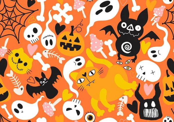 Halloween Chat Citrouilles Fantôme Sans Couture Crânes Motif Poison Pour — Photo