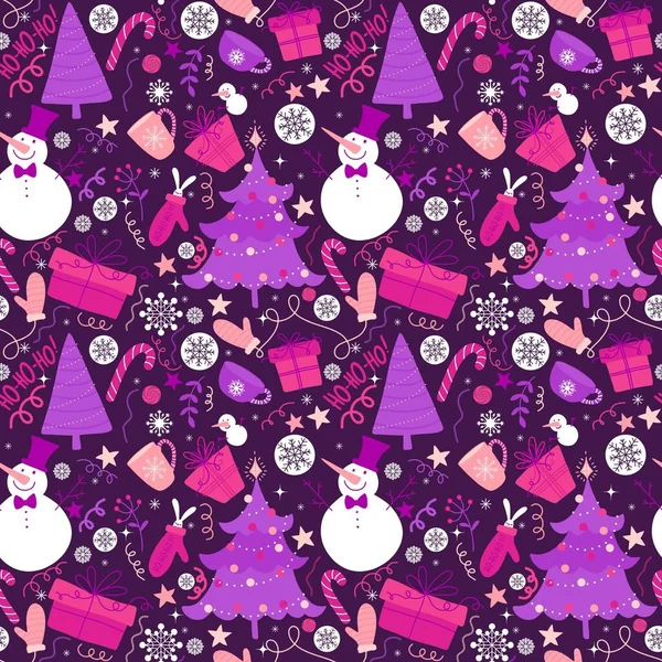 Christmas Tree Cartoon Seamless Snowman Snowflakes Pattern Wrapping Paper Fabrics Stock Photo