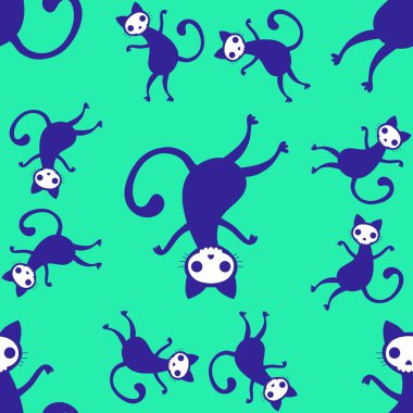 Cadılar Bayramı kedisi ve balkabağı derisi dikişsiz hayaletler ve kafatasları ve kağıt ve kumaşlar için zehir deseni ve çocuk giysileri baskısı ve sonbahar ambalajı ve moda tekstili. Yüksek kaliteli illüstrasyon