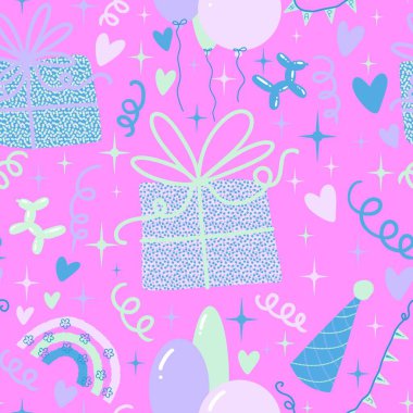 Karikatür retro kusursuz doğum günü şablonu kağıt, çarşaf, kumaş, çocuk giysisi baskısı, şenlikli ambalaj ve aksesuarlar için. Yüksek kaliteli illüstrasyon