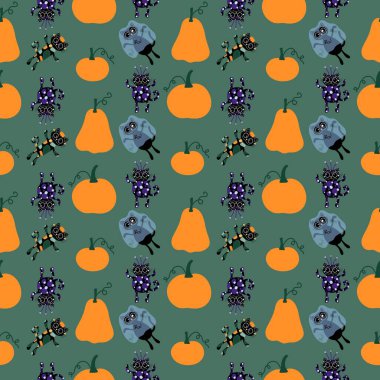 Cadılar Bayramı kedisi ve balkabağı derisi dikişsiz hayaletler ve kafatasları ve kağıt ve kumaşlar için zehir deseni ve çocuk giysileri baskısı ve sonbahar ambalajı ve moda tekstili. Yüksek kaliteli illüstrasyon