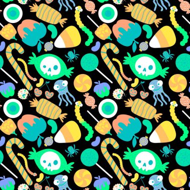 Çizgi film cadılar bayramı şekerleri dikişsiz lolipop, vişne şekeri, kurtçuklar, kafatası desenleri ve çocuk giysileri baskısı, sonbahar aksesuarları ve şenlik ambalajı. Yüksek kaliteli illüstrasyon