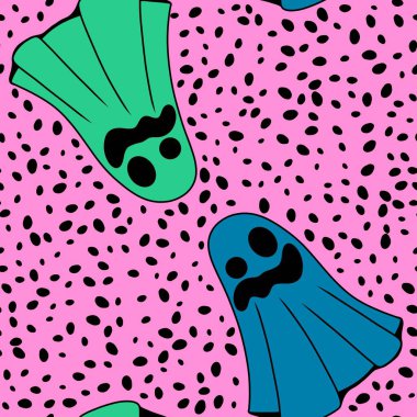 Cadılar Bayramı hayaletleri kağıt, kumaş, çarşaf ve çocuk giysileri baskısı, ambalaj ve şenlikli aksesuarlar için kusursuz çizgi film desenleri. Yüksek kaliteli illüstrasyon