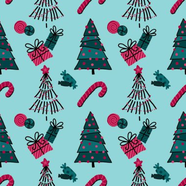 Çizgi filmsiz yeni yıl ağacı, kumaşlar, çarşaflar, şenlikli ambalajlar, çocuk giysileri baskıları ve kış aksesuarları için hediye deseni. Yüksek kaliteli illüstrasyon