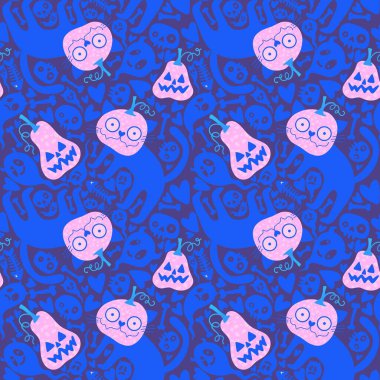 Çizgi filmlerde cadılar bayramı kedileri, balkabakları, kafatasları ve kemik desenleri ambalaj kağıtları, kumaşlar, çarşaflar, çocukların baskısı, sonbahar ve festival için. Yüksek kaliteli illüstrasyon