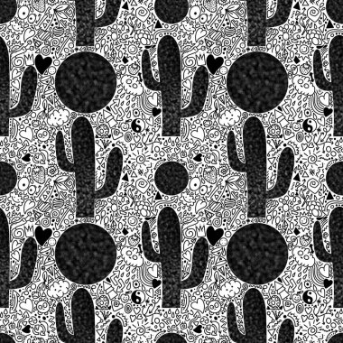 Kağıt, kumaş, çarşaf, kıyafet baskısı, yaz aksesuarları, şenlik ambalajları ve tekstil için soyut, dikişsiz kaktüs deseni. Yüksek kaliteli illüstrasyon