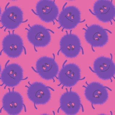 Çizgi film canavarları kağıt, kumaş, çarşaf, çocuk giysisi baskısı, şenlikli aksesuarlar ve anaokulu tekstil ürünleri için kusursuz tüysüz uzaylı desenleri. Yüksek kalite fotoğraf