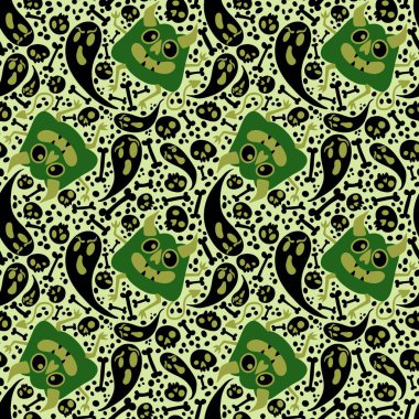 Cadılar Bayramı canavarları dikişsiz balkabakları, hayalet ve kemik desenleri kağıt, kumaş, çarşaf ve çocuk giysileri baskısı, şenlik ambalajı ve sonbahar. Yüksek kaliteli illüstrasyon