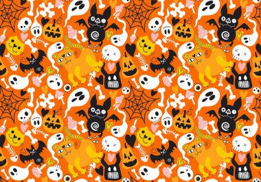 Cadılar Bayramı kedisi ve balkabağı derisi dikişsiz hayaletler ve kafatasları ve kağıt ve kumaşlar için zehir deseni ve çocuk giysileri baskısı ve sonbahar ambalajı ve moda tekstili. Yüksek kaliteli illüstrasyon