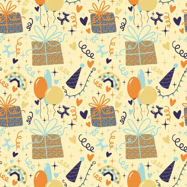 Cartoon retro seamless happy birthday pattern for wrapping paper and linens and fabrics and kids clothes print and festive packaging and accessories. High quality illustration