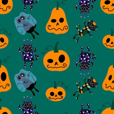 Cadılar Bayramı kedisi ve balkabağı derisi dikişsiz hayaletler ve kafatasları ve kağıt ve kumaşlar için zehir deseni ve çocuk giysileri baskısı ve sonbahar ambalajı ve moda tekstili. Yüksek kaliteli illüstrasyon
