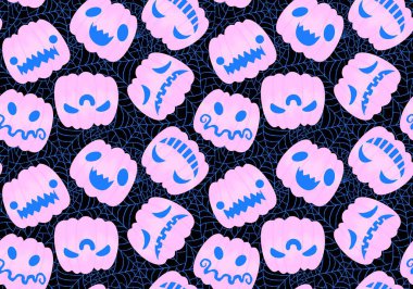 Çizgi film retro sebze hasadı dikişsiz Cadılar Bayramı balkabağı deseni kağıt, kumaş, çarşaf, çocuk baskısı, şenlikli ambalaj ve sonbahar aksesuarları. Yüksek kaliteli illüstrasyon