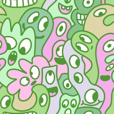 Çizgi film canavarları, ambalaj kağıtları, kumaşlar, çarşaflar, çocuk aksesuarları, moda tekstilleri ve bayram ambalajları için kusursuz bir Cadılar Bayramı deseni. Yüksek kaliteli illüstrasyon