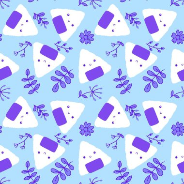 Çizgi film yiyecekleri, ambalajsız kawaii onigiri desenli kumaşlar, kumaşlar, ketenler, çocuk giysileri baskısı, festival ambalajları ve restoran aksesuarları. Yüksek kaliteli illüstrasyon