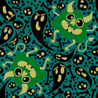 Cadılar Bayramı canavarları dikişsiz balkabakları, hayalet ve kemik desenleri kağıt, kumaş, çarşaf ve çocuk giysileri baskısı, şenlik ambalajı ve sonbahar. Yüksek kaliteli illüstrasyon