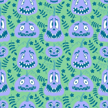 Çizgi film retro sebze hasadı dikişsiz Cadılar Bayramı balkabağı deseni kağıt, kumaş, çarşaf, çocuk baskısı, şenlikli ambalaj ve sonbahar aksesuarları. Yüksek kaliteli illüstrasyon