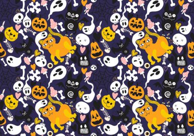 Cadılar Bayramı kedisi ve balkabağı derisi dikişsiz hayaletler ve kafatasları ve kağıt ve kumaşlar için zehir deseni ve çocuk giysileri baskısı ve sonbahar ambalajı ve moda tekstili. Yüksek kaliteli illüstrasyon