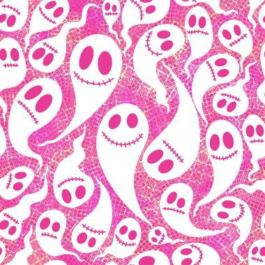 Cadılar Bayramı hayaletleri kağıt, kumaş, çarşaf ve çocuk giysileri baskısı, ambalaj ve şenlikli aksesuarlar için kusursuz çizgi film desenleri. Yüksek kaliteli illüstrasyon