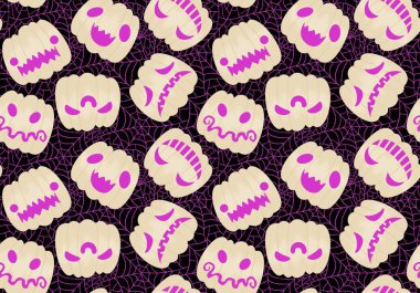 Çizgi film retro sebze hasadı dikişsiz Cadılar Bayramı balkabağı deseni kağıt, kumaş, çarşaf, çocuk baskısı, şenlikli ambalaj ve sonbahar aksesuarları. Yüksek kaliteli illüstrasyon