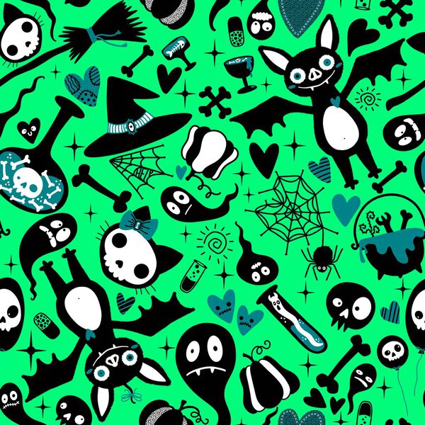 Хэллоуинские мультяшные каракули бесшовные летучая мышь и кошка и призрак и черепа узор для упаковки бумаги и тканей и постельного белья и праздничной упаковки и детские аксессуары и текстиль. Высокое качество иллюстрации