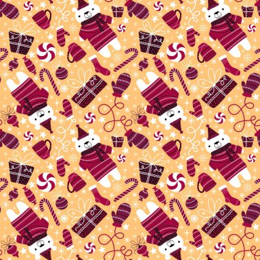 Noel hayvanları kusursuz ayılar, eldivenler, hediye kutuları, şekerler ve kağıt, kumaş, çarşaf, çocuk baskısı ve yeni yıl aksesuarları için bir fincan çay. Yüksek kaliteli illüstrasyon