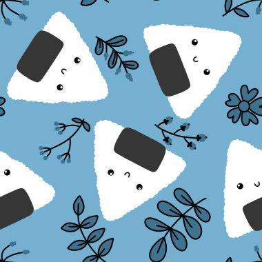 Çizgi film yiyecekleri, ambalajsız kawaii onigiri desenli kumaşlar, kumaşlar, ketenler, çocuk giysileri baskısı, festival ambalajları ve restoran aksesuarları. Yüksek kaliteli illüstrasyon