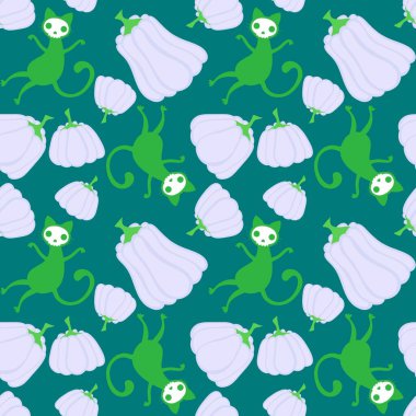 Cadılar Bayramı kedisi ve balkabağı derisi dikişsiz hayaletler ve kafatasları ve kağıt ve kumaşlar için zehir deseni ve çocuk giysileri baskısı ve sonbahar ambalajı ve moda tekstili. Yüksek kaliteli illüstrasyon