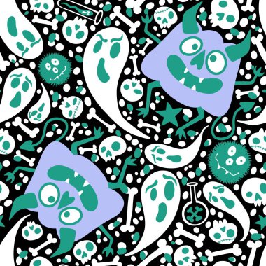 Cadılar Bayramı canavarları dikişsiz balkabakları, hayalet ve kemik desenleri kağıt, kumaş, çarşaf ve çocuk giysileri baskısı, şenlik ambalajı ve sonbahar. Yüksek kaliteli illüstrasyon