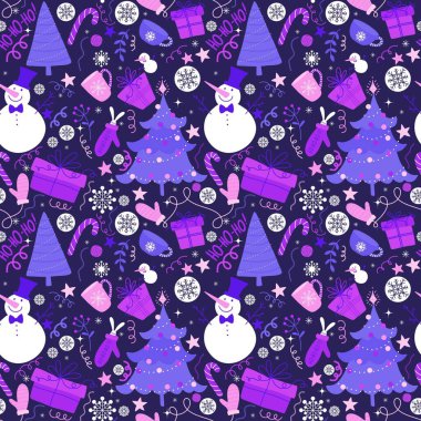 Noel ağacı kardan adam ve kar taneleri desenli ambalaj kağıdı, kumaş, çarşaf ve yeni yıl ambalajı ve şenlik aksesuarları. Yüksek kaliteli illüstrasyon